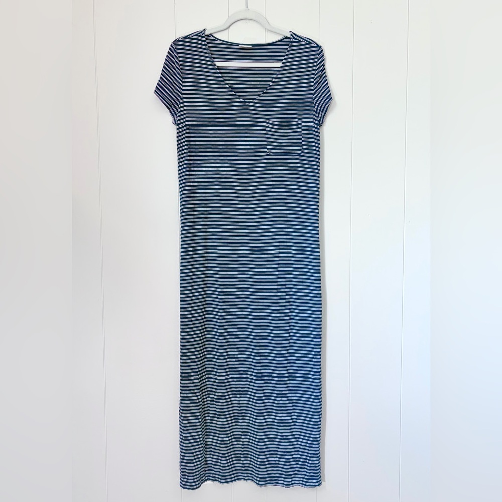 Soma Maxi Dress Cover Up Gown Navy White Stripe Beachy Short Sleeve Small